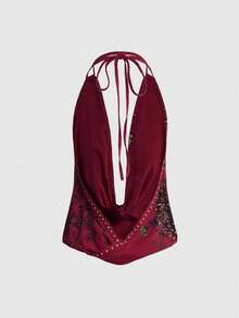 ROMWE Grunge Punk Model Camisole Seksi Berpotongan Dalam dengan Detail Draping dan Motif Kepala Harimau & Geisha Bergaya Vintage Y2K Retro dengan Hiasan Berlian Imitasi untuk Wanita - Burgundy - View 2