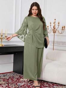 Reflora Plus Size Summer Elegant Mesh Patchwork Asymmetric Hem Top And Pants 2 Pieces Set - Mint Green - View 5
