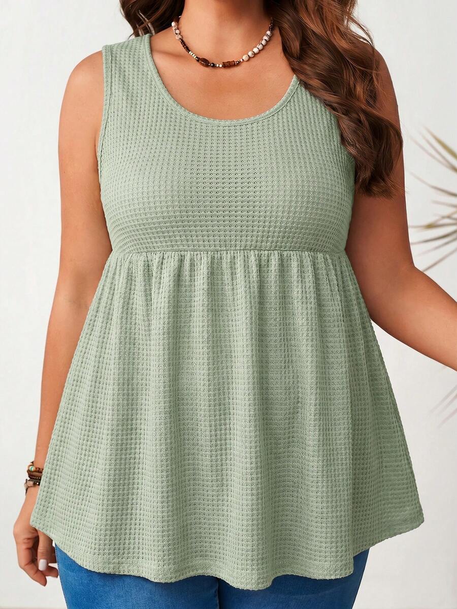 EMERY ROSE Plus Size Women Solid Color Round Neck Ruffle Hem Casual Tank Top - Green - View 1