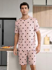 CoupledUp Polka Dot Print Short Sleeve & Shorts Men's Casual Pajama Set - Pink - View 6