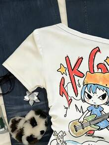Camiseta casual de mujer con hombro asimétrico y mangas cortas a rayas - Blanco 3 - Ver 3