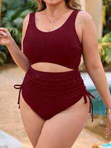 SHEIN Navy Blue Plus Size One-Piece Swimsuit With Cover-Up Set For Leisure & Vacation - Red Violet - View 6