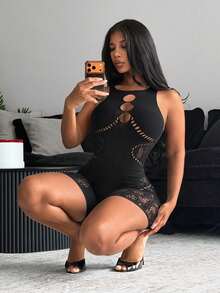 BamGleam 女士性感透视网纱动物纹露背连体裤 - 黑色 - 查看 1