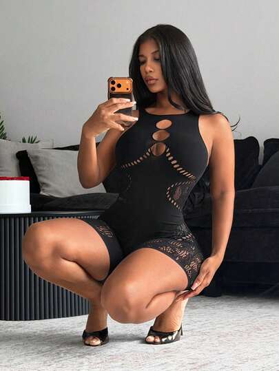 BamGleam Damen sexy transparenter Mesh-Jumpsuit mit Tiermuster und rückenfrei