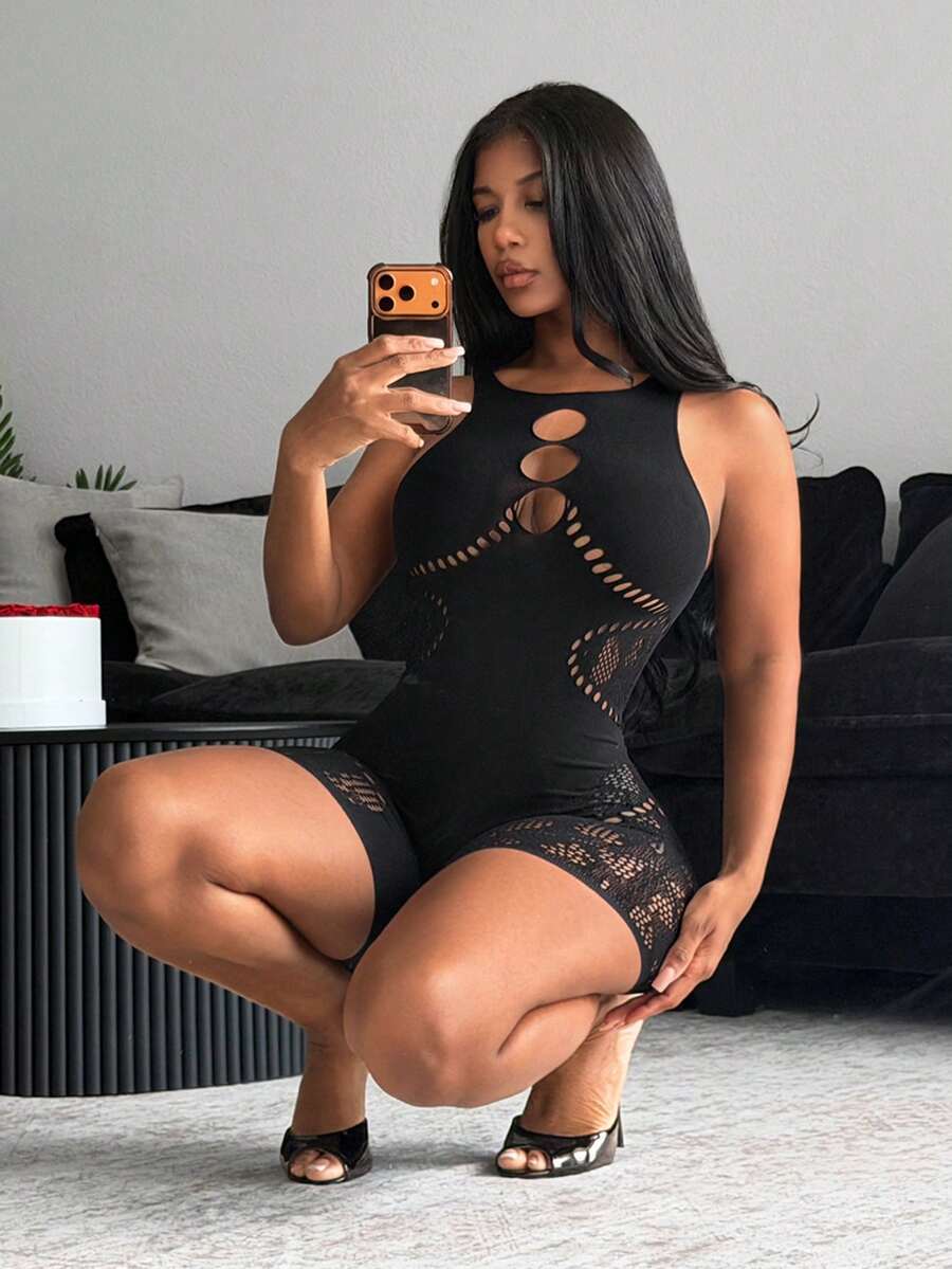 BamGleam 女士性感透视网纱动物纹露背连体裤 - 黑色 - 查看 1