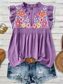 Linhara Plus Size Women Floral Print V-Neck Cap Sleeve Blouse - Purple - View 3