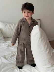 Dazy Kids 两件套男童条纹韩版衬衫和宽松裤子睡衣套装 - 咖啡棕 - 查看 7