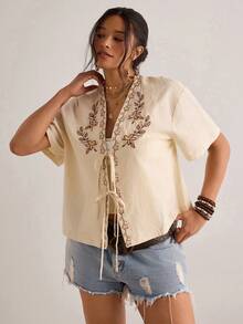 Freevana Plus Size Women Floral Embroidery Short Sleeve Tie Front Shirt - Apricot - View 5