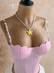 Soleia Plus Size Women's Baby Pink Elegant Sexy Summer Holiday Molded Cup Shell Bra Pearl Strap Camisole Top,Supportive Gathered Vacation Boho Style Vacation - Baby Pink - View 4