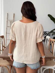SHEIN VCAY Áo sơ mi tay ngắn cổ vuông, màu trơn, dáng casual, chất liệu 100% cotton, cỡ lớn. - Màu be - Xem 2