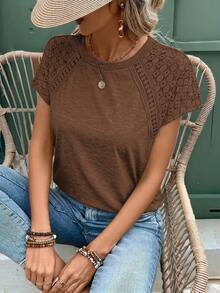 Faunlyn Elegant Lace Patchwork Short Sleeve T-Shirt - Brown - View 3