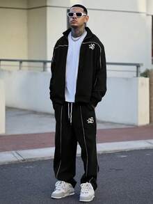 Devon Thys Manfinity Streetrush 男士五角星印花长袖外套和裤子休闲套装，秋季服装 - 黑色 - 查看 1