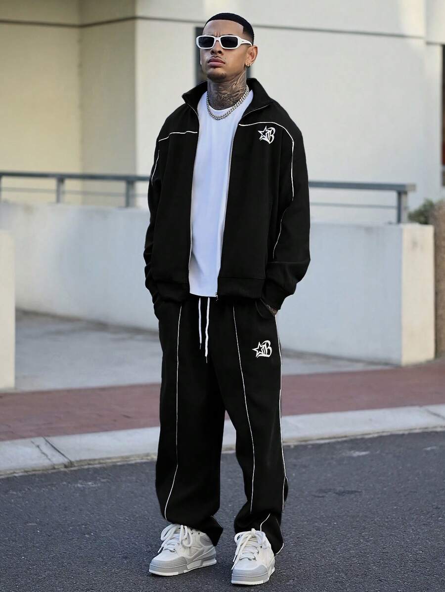 Devon Thys Manfinity Streetrush 男士五角星印花长袖外套和裤子休闲套装,秋季服装 - 黑色 - 查看 1