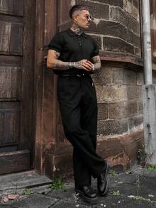 Artur Kramer Men's Hollow Design Knitted Polo Shirt, Minimalist Fashion, Suitable For Summer - Black - View 4