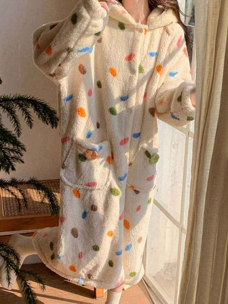 Bata con capucha de felpa coral cómoda para mujer - Estampado de dibujos animados lindo, manga larga con bolsillos, decoración de baño lavable a máquina - Multicolor - Ver 1
