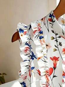 SHEIN Franclia Áo kiểu Pháp cổ điển mùa hè in hoa, viền bèo nhún, cài cúc phía trước. - trắng - Xem 5
