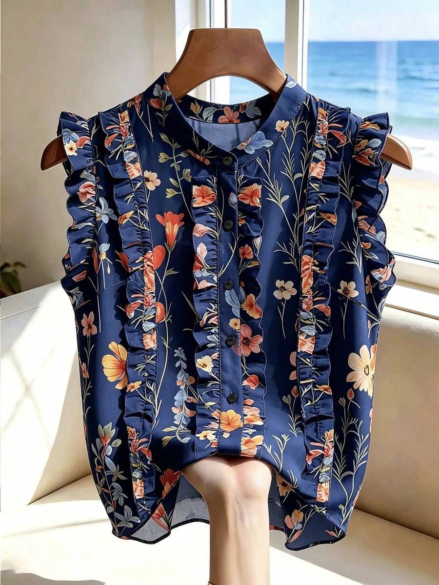 SHEIN Franclia 复古法式波点无袖上衣。印花面料,质地光滑。 - 藏蓝色 - 查看 1