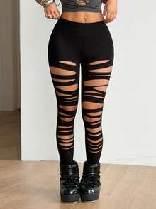 SHEIN ICON Women's Solid Color Ripped Casual Sexy Versatile Daily Wear Leggings Night Black Summer - Black - View 6