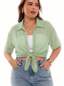 SHEIN EZwear 女士大码透明纯色前开襟长袖衬衫 - 綠色 - 查看 7