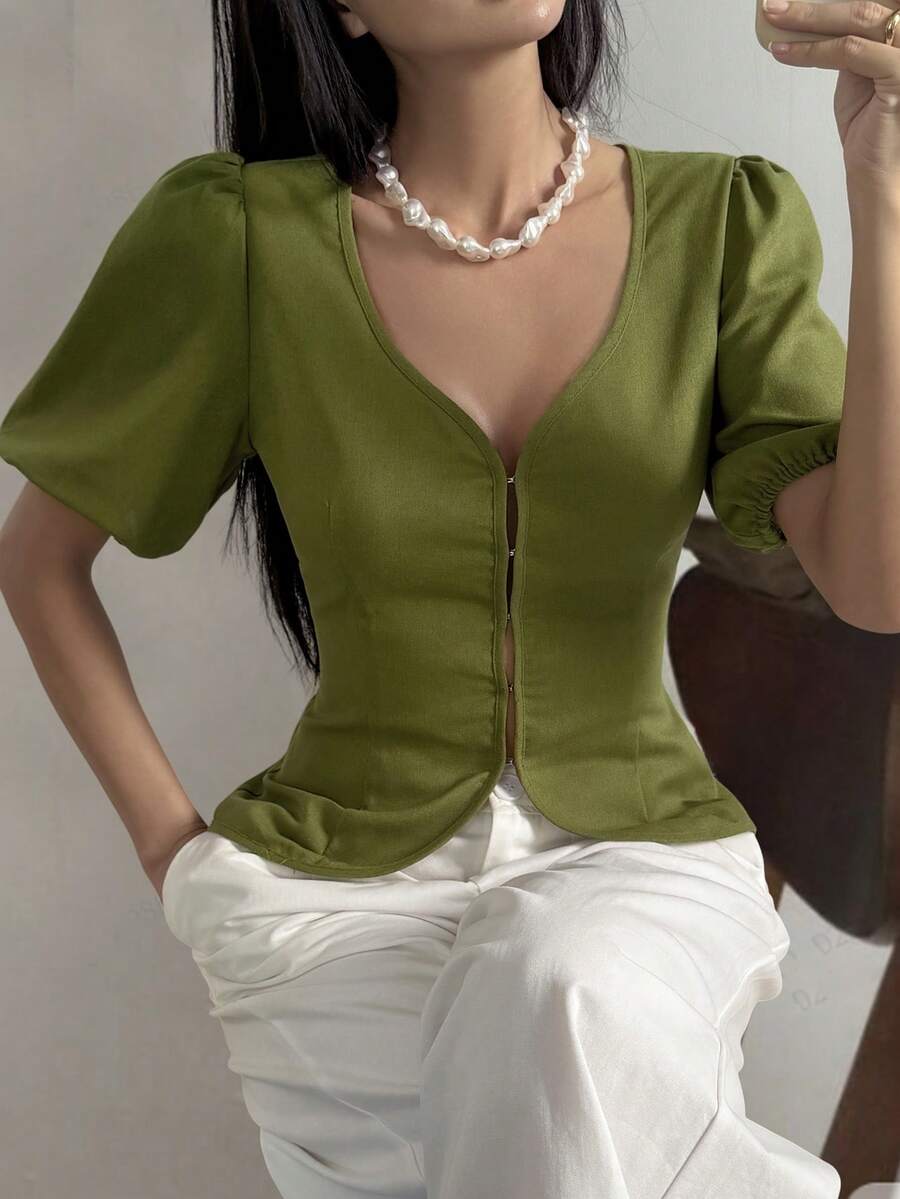 Livesso Áo kiểu tay ngắn màu xanh lá cây, kiểu cánh hoa Pháp, thích hợp mặc đi làm, dạo phố, dự tiệc cưới, các buổi tiệc tùng, mùa xuân hè cho nữ. - màu xanh lá - Xem 1