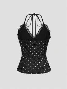GlowEve Women's Sexy Polka Dot Lace Halter Neck Camisole Top Night Out Black And White Polka Dot Summer - Black - View 2