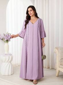 Al Najma Vestido de estilo árabe con mangas con volantes bordadas para mujer de talla grande - Rosa - Ver 4