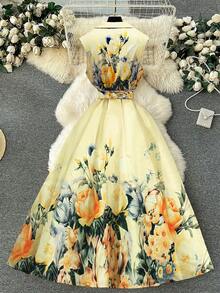 Franclia Đầm nữ thanh lịch kiểu dáng nghỉ dưỡng, cổ áo in họa tiết, thắt eo. - Màu vàng - Xem 2