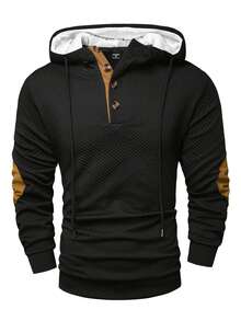 OTTIMOZO Áo hoodie nam cổ tròn cài nút nửa phía trước, màu sắc đơn giản, mùa thu, tay dài - màu đen - Xem 4