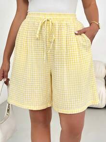 Shapeblank Pantalones/Culotes/Faldas de talle elástico con estampado de cuadros amarillo claro, de corte holgado y cómodo, para uso diario y versátil, para mujeres de talla grande, para primavera/verano. Pantalones cortos de verano, pantalones holgados, conjuntos para salir, estilo sencillo, ropa de vacaciones - Amarillo claro - Ver 3