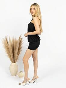 PRISCILA ESCOTO PRISCILA ESCOTO 女款音樂節性感純色黑色Y2K貼身掛脖迷你洋裝，金屬扣飾裝飾，黑色，春夏派對優雅風 - 黑色 - 查看 7
