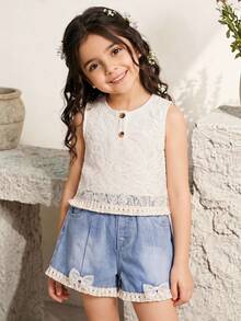 SHEIN Vintaside Kids 2件套少女夏季时尚蕾丝边无袖上衣和破洞牛仔短裤套装 - 彩色 - 查看 4
