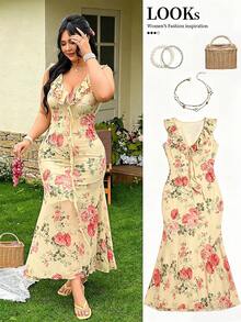 FleurLily Plus Size Women V-Neck Ruffle Trim Dress Elegant Boho Curve Bridesmaid Gown Suitable For Weddings Vacation Parties And Formal Occasions White Summer - Multicolor - View 3