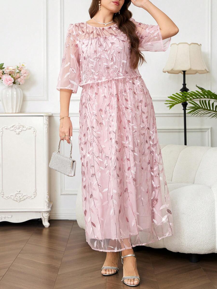 Reflora Đầm ngắn tay cổ tròn in hoa đính sequin dành cho nữ cỡ lớn, thanh lịch. - Hồng - Xem 1