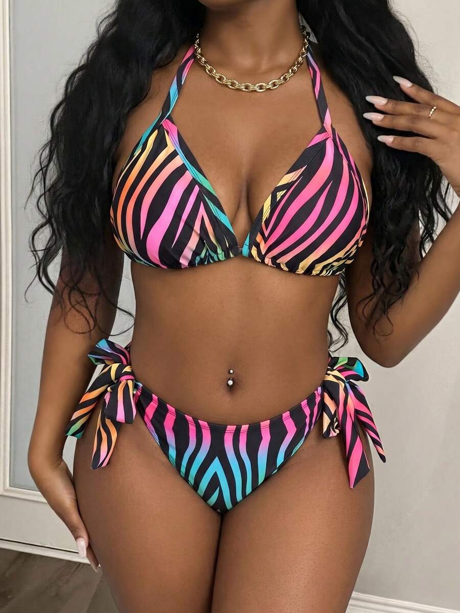Maweii Plus Size Contrasting Zebra Print Halter Cami Strap Fashion Summer Bikini Set Set Vacation - Multicolor - View 1