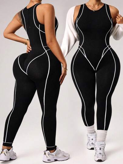 Rhythm Era Plus Size Women's Seamless Black And White Summer Athletic Gym Jumpsuit,Form-Fitting Curve Workout Clothes For Fitness Yoga Outdoor Exercise Sports