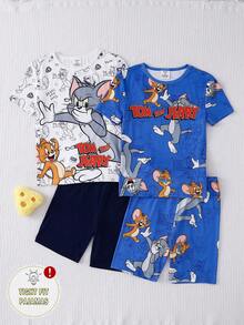 TOM & JERRY X SHEIN GraphicGems 夏季青少年男童可爱卡通联名印花柔软舒适弹力贴身短袖短裤四件套睡衣 - 彩色 - 查看 1