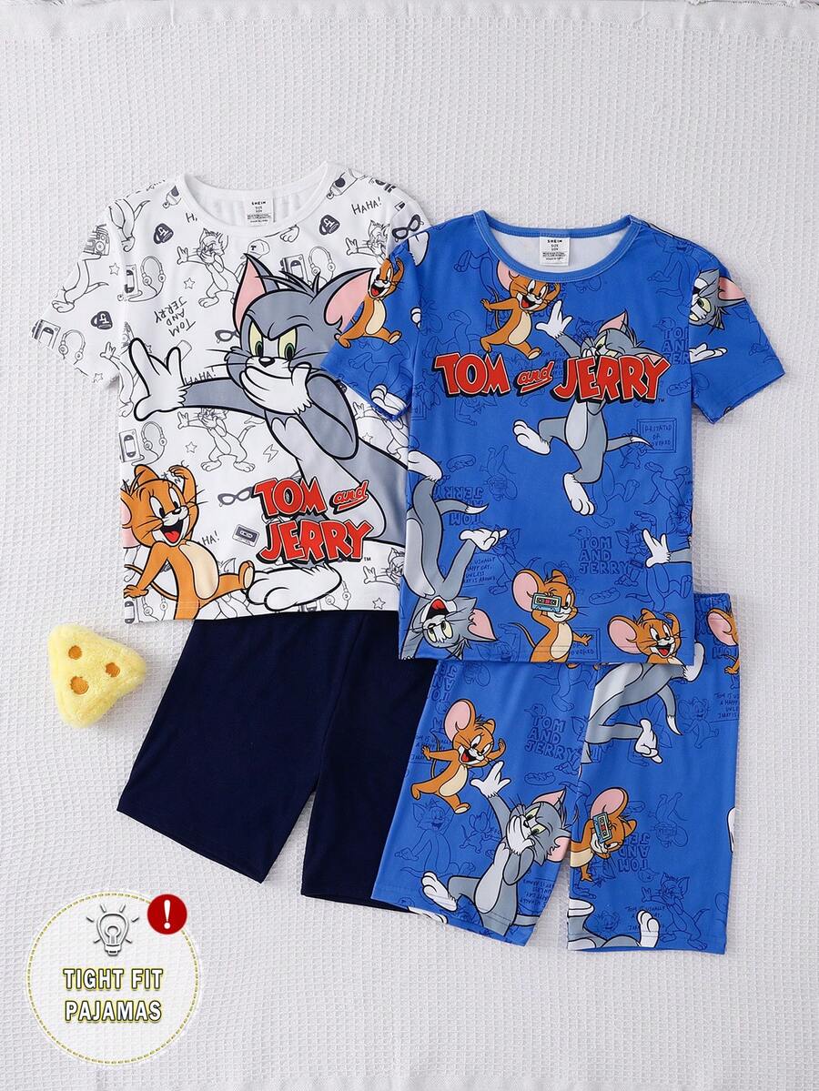 TOM & JERRY X SHEIN GraphicGems 夏季青少年男童可爱卡通联名印花柔软舒适弹力贴身短袖短裤四件套睡衣 - 彩色 - 查看 1