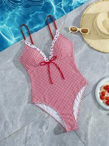Swim Mod 26SS Spring/Summer Cute Strawberry Plaid Ruffle V-Neck One-Piece Swimsuit For Women Vacation Red Cute - Multicolor - View 4