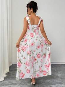 SHEIN Clasi Plus Size Women's Elegant French Rose Print Tie Strap Dress, Summer - White - View 2