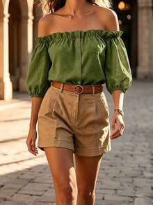 Balvessa New Arrival French Style Off Shoulder Petal Sleeve Top - Green - View 4
