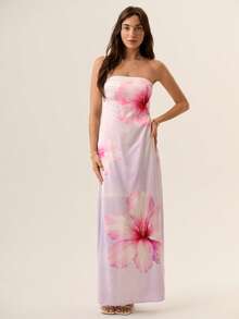 Willow Rêve Women's Pink Floral Bandeau Maxi Dress, Boho Style, Romantic Holiday Vibe, Suitable For Party, Prom, Valentine's Day - Mauve Purple - View 3