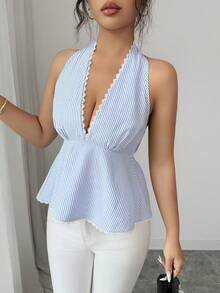 SHEIN Elenzya 女士撞色蕾丝条纹吊带背心 - 藍白色 - 查看 4
