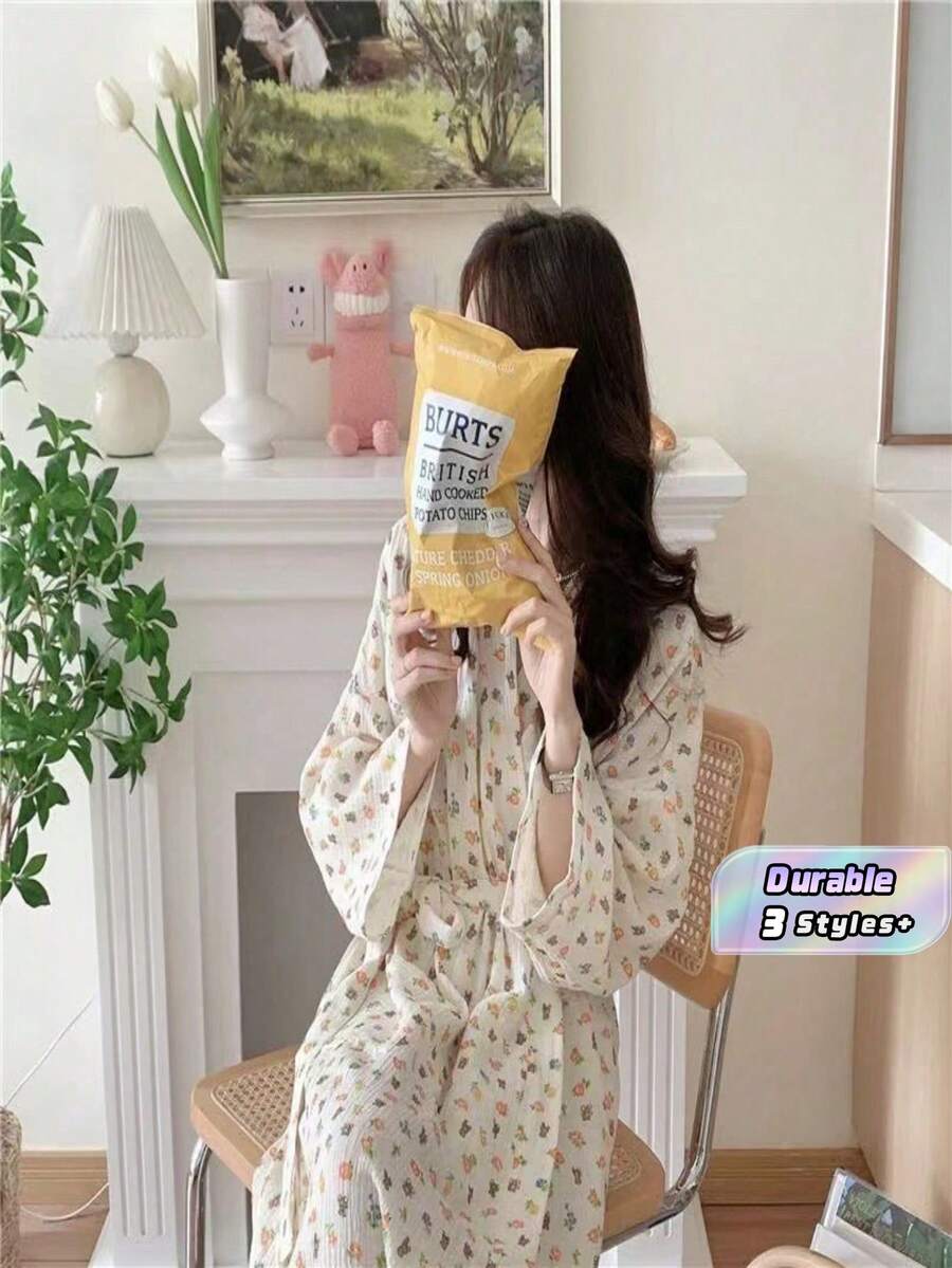 Piyama Jubah Mandi Gaya Korea Sederhana Nyaman untuk Musim Semi/Gugur, Longgar, Kasual, Pakaian Rumah, Cepat Menyerap, Cocok untuk Mandi Pasangan di Pemandian Air Panas - Beruang bunga - View 1