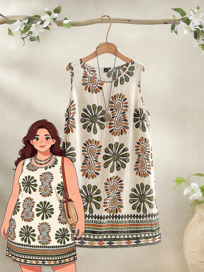 Rusticease Vestido casual sin mangas con estampado floral para mujer de talla grande