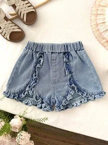 SHEIN LMoss Kids 女婴蓝色夏季休闲荷叶边松紧腰牛仔短裤 - 藍色 - 查看 3