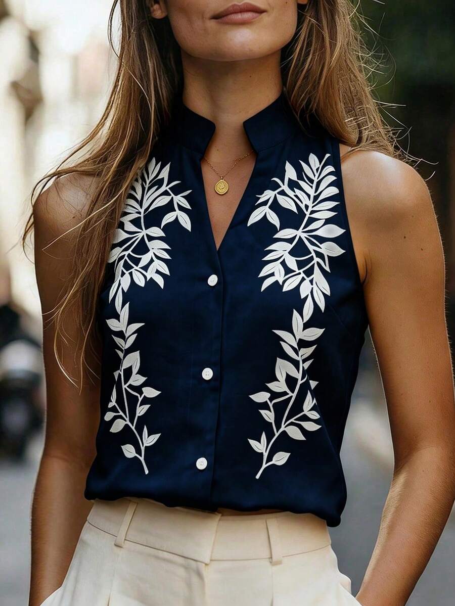 Balvessa Women's Tropical Plant Print Single-Breasted Fashionable Versatile Camisole - Navy Blue - View 1