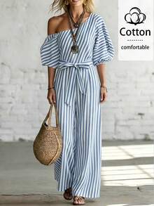 SHEIN LUNE Women's Summer Stripe Stripe Boho Holiday Vacation Holiday Asymmetrical Shoulder Jumpsuit,Cinched Waist Loose Elegant Chic Outfit Vacation - Blue and White - View 4