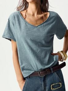 Bohemela Casual Solid Color V-Neck Short Sleeve Loose T-Shirt For Women,Summer Top - Green - View 7