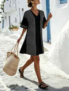Breezaya Loose V-Neck Short Sleeve Casual Dress Daily Vacation Commute Flattering Mini Dress Black And White Striped Summer - Black - View 3