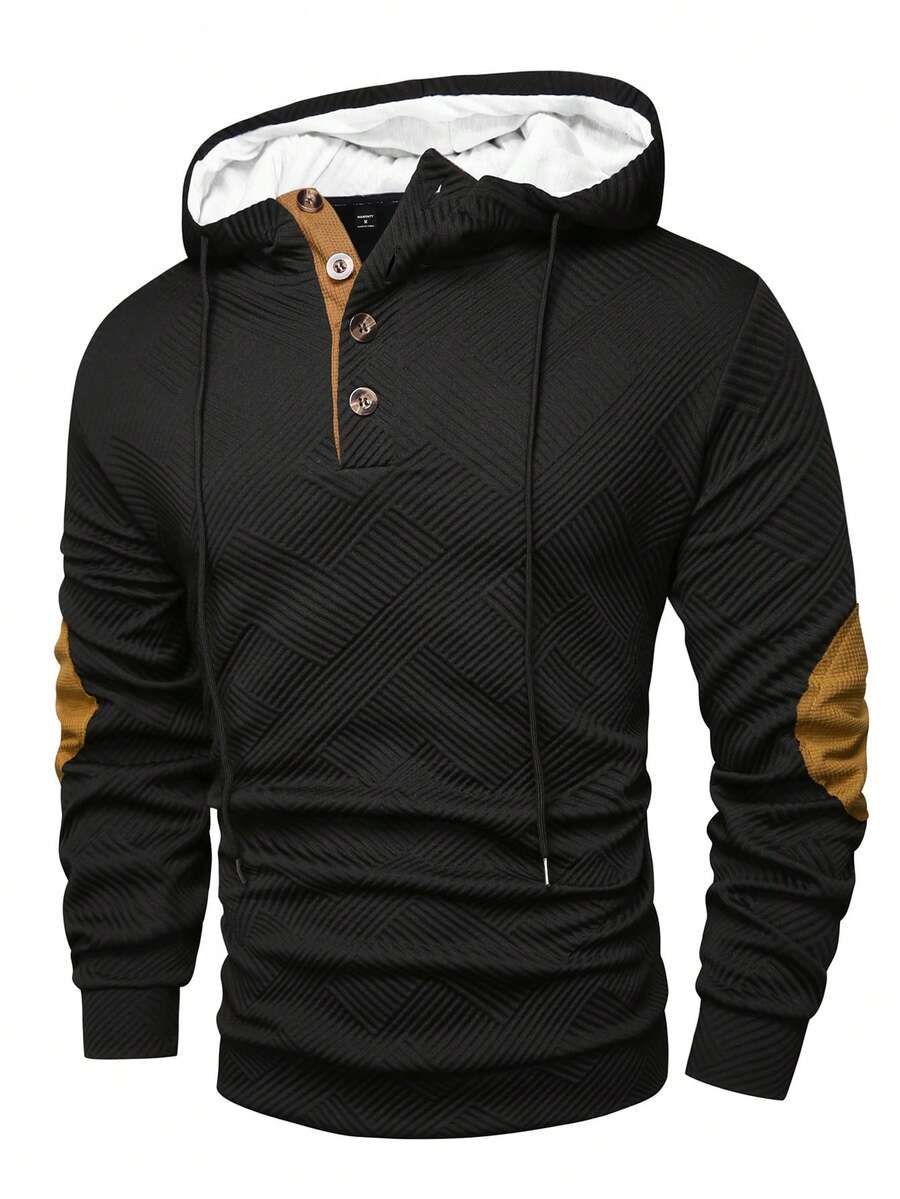 OTTIMOZO Áo hoodie nam cổ tròn cài nút nửa phía trước, màu sắc đơn giản, mùa thu, tay dài - màu đen - Xem 1